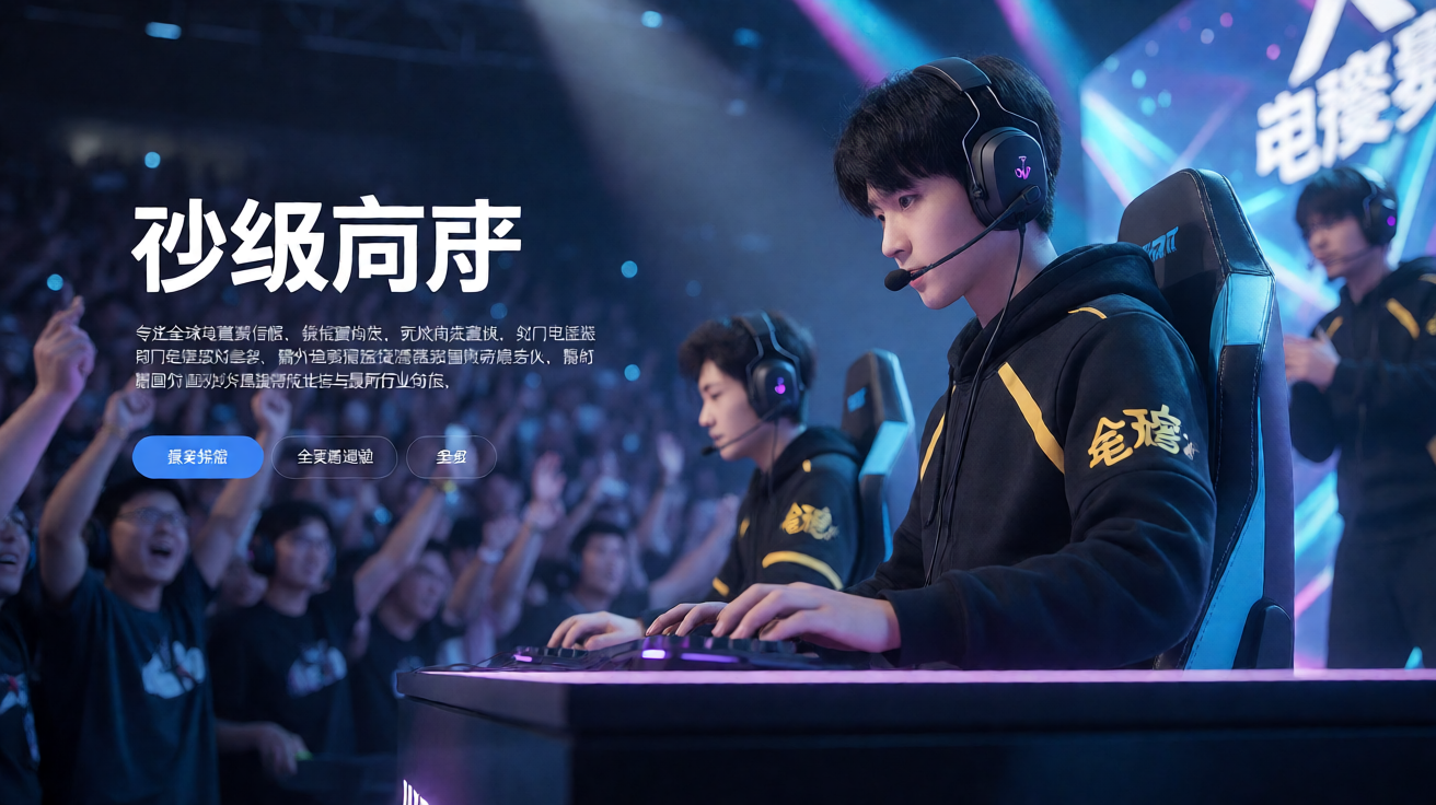 电竞比赛现场，选手在舞台上专注竞技，观众热情高涨